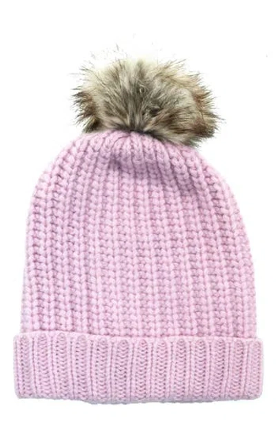 Portolano Chunky Wool Blend Beanie With Faux Fur Pompom In Pink