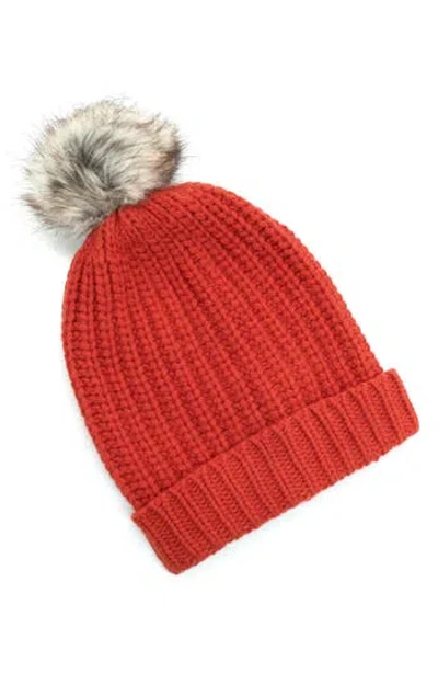 Portolano Chunky Wool Blend Beanie With Faux Fur Pompom In Red