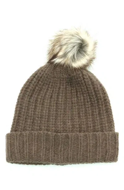 Portolano Chunky Wool Blend Beanie With Faux Fur Pompom In Neutral