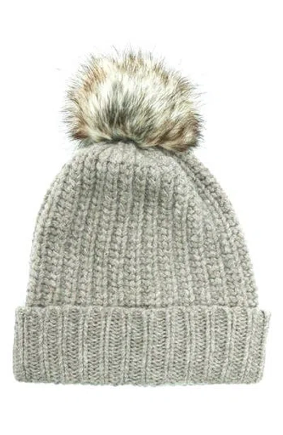 Portolano Chunky Wool Blend Beanie With Faux Fur Pompom In Gray
