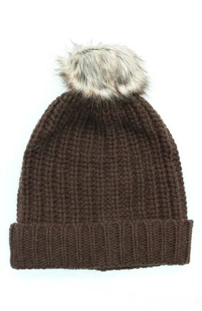 Portolano Chunky Wool Blend Beanie With Faux Fur Pompom In Brown