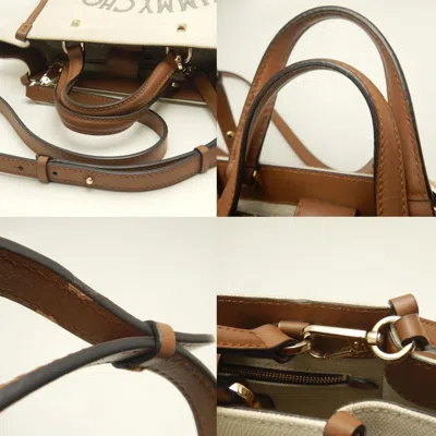 Pre-owned Jimmy Choo Brown Ivory Cotton Canvas Leather Tote Bag ()