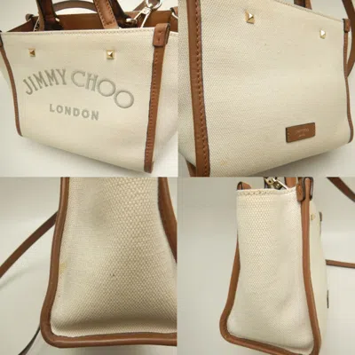 Pre-owned Jimmy Choo Brown Ivory Cotton Canvas Leather Tote Bag ()