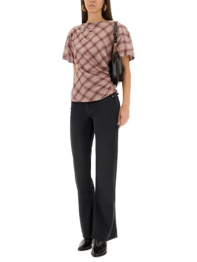 Isabel Marant Étoile Asymmetric Checked Draped Short Sleeve Top In Pink