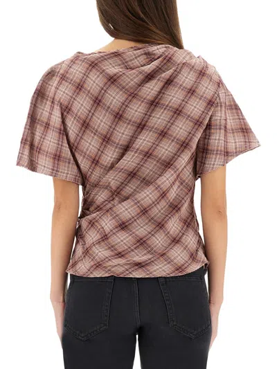 Isabel Marant Étoile Asymmetric Checked Draped Short Sleeve Top In Pink