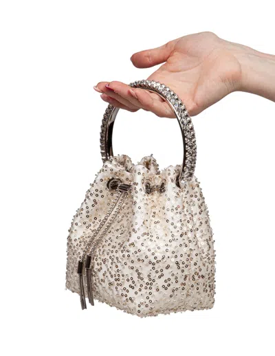 Jimmy Choo Bon Bon Satin Bag With Micro Net And Applied Stones In Neutral