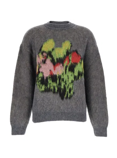 Msgm Multicolor Crewneck Sweater With Maxi Embroidery On The Front In Wool Blend Woman In Gray