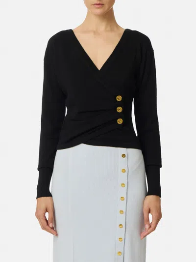 Elisabetta Franchi Cashmere Blend Jumper With Jewel Buttons In Black