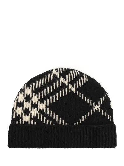 Burberry Check Cashmere Blend Beanie In Black