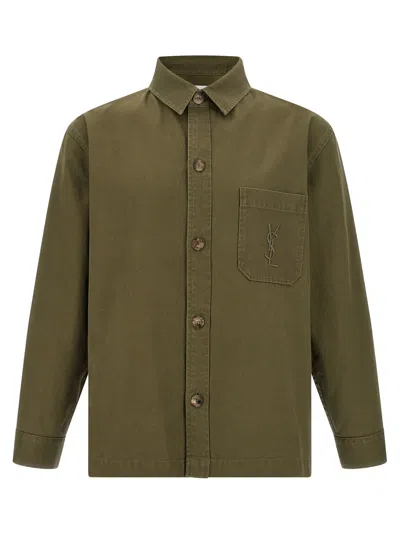 Saint Laurent Green Shirt With Classic Collar And Cassandre Embroidery On The Front In Cotton Man In Green