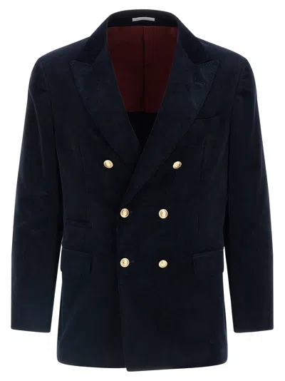 Brunello Cucinelli Tailored Corduroy Double-breasted Blazer In Blue