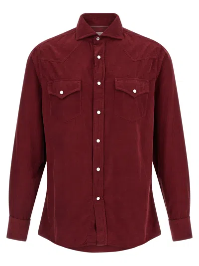 Brunello Cucinelli Button-down Corduroy Shirt Featuring Chest Pockets In Burgundy
