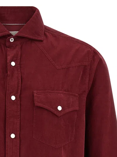 Brunello Cucinelli Button-down Corduroy Shirt Featuring Chest Pockets In Burgundy