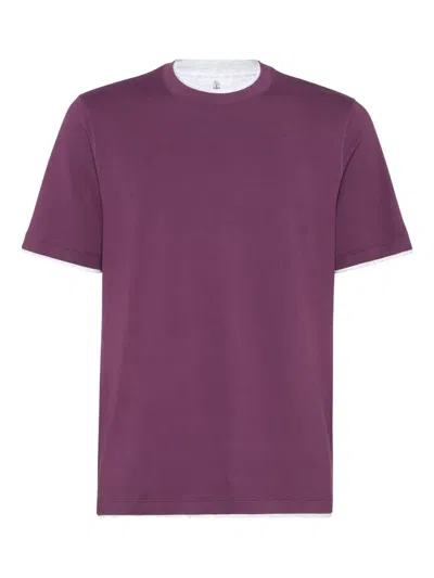 Brunello Cucinelli Cotton Jersey Crew Neck T-shirt With Faux-layering Clothing In Purple