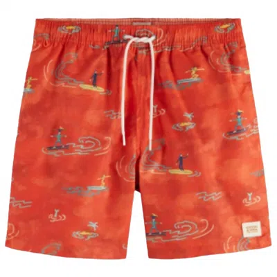 Scotch & Soda Men's Mid Length Swim All Over Print Short In Red Surfer Aop In Orange