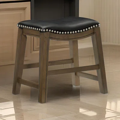 Hivvago Miel 20 Inch Dining Stool, Black Faux Leather And Brown Solid Wood In Brown