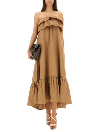 Saint Laurent Cotton Twill Ruffle Dress In Brown