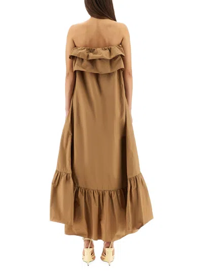 Saint Laurent Cotton Twill Ruffle Dress In Brown