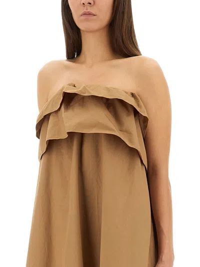 Saint Laurent Cotton Twill Ruffle Dress In Brown