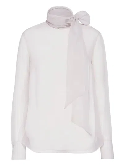 Brunello Cucinelli Crispy Silk Pussybow Blouse With Beads Clothing In White