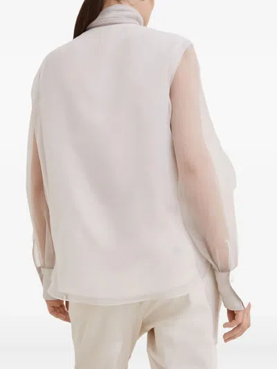 Brunello Cucinelli Crispy Silk Pussybow Blouse With Beads Clothing In White