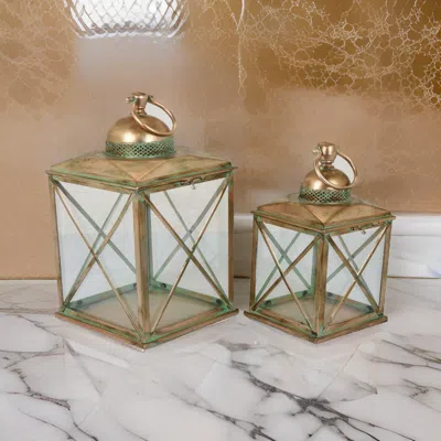 Hivvago 20 Inch Decorative Lantern Set Of 2, Glass Panel, Cross Metal Frame, Gold In Gold