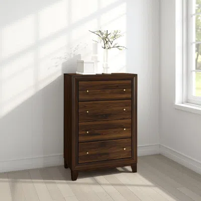 Hivvago Yels Tall Dresser Chest With 4 Drawers, Gold Metal Knobs, Walnut Brown In Brown