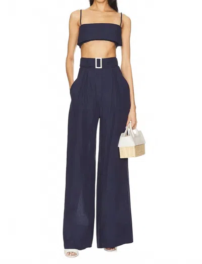 Matthew Bruch Pleated Wide Leg Pants In Navy Linen In Blue