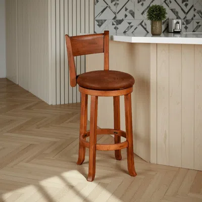 Hivvago Marv Swivel Barstool Chair Set Of 2, Brown Faux Leather, Mahogany Wood In Brown