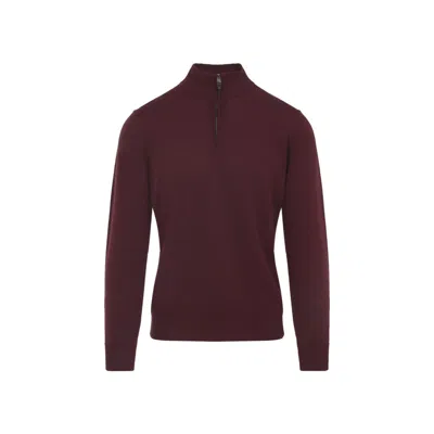 Canali Burgundy Red Virgin Wool Half Zip High Neck Sweater In Burgundy