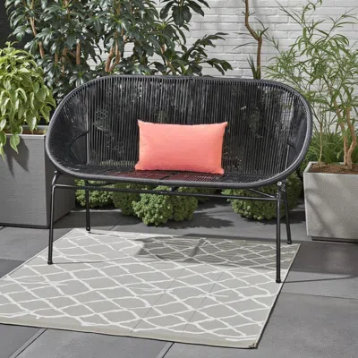 Hivvago Remma Loveseat, Outdoor Rattan, Basket Woven, Black Iron Frame, 52 Inch In Black