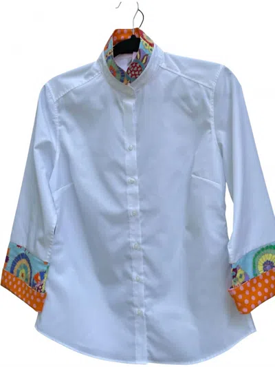 Pearly Vine Women's Beth Bell Sleeve Shirt In White With Pink & Orange Trim In Blue
