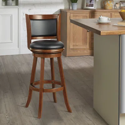 Hivvago Pio 34 Inch Extra Tall Swivel Bar Stool, Wood, Faux Leather, Cherry Brown In Brown
