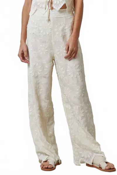 Lalavon Floral Embroidery Wide Leg Trouser Pants In Ivory In White