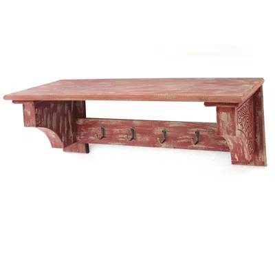 Hivvago Wooden Wall Shelf With 4 Hooks And Carved Side Frames, Distressed Red In Brown