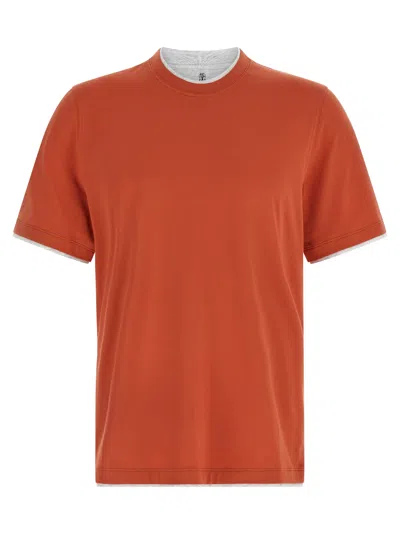 Brunello Cucinelli Cotton Jersey Crew Neck T-shirt With Faux-layering Clothing In Orange