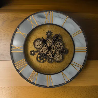 Hivvago 28 Inch Hanging Wall Clock, Round Gear Design, Gold And Black Iron Frame In Gray