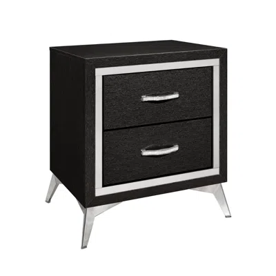 Hivvago Haya 24 Inch 2 Drawer Nightstand, Embossed Jet Black Wood, Silver Trim In Black