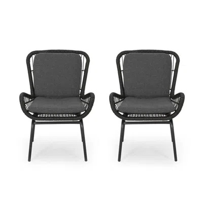 Hivvago Patio Accent Chair Set Of 2, Open Wicker, Round Edge, Black Iron, Gray In Black
