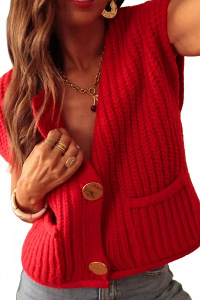 Pretty Bash Annie Chunky Knit Buttoned Sweater Vest In Red In Red