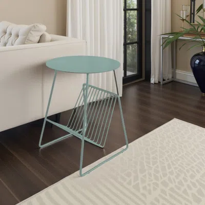Hivvago Zeo Side End Table W Magazine Rack, 14 Inch Round Top, Sage Green In Blue