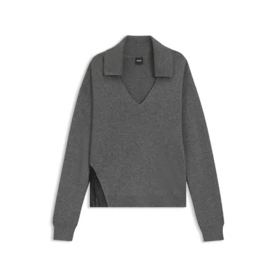 Hugo Boss Collared Sweater In Wool And Cashmere With Lace Inserts In Gray