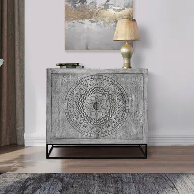 Hivvago 39 Inch Handcrafted Accent Cabinet With 2 Doors, Medallion Engraved, Sandblasted Gray Mango Wood, Bl In Gray