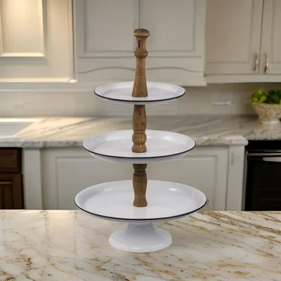 Hivvago Mlyn 24 Inch 3 Tier Serving Tray, Round Metal Base, White Brown, And Black In Brown