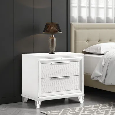 Hivvago Mory Nightstand, 2 Drawers, Embossed Herringbone Pattern White, Chrome In White