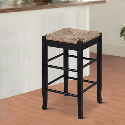 Hivvago Chris 24 Inch Counter Stool With Wood Frame, Handwoven Rush Seat, Black In Multi