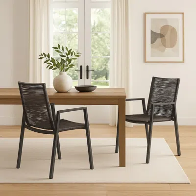 Hivvago Teny Outdoor Dining Chair Set Of 2, Open Back, Woven Rope, Dark Gray Metal In Black