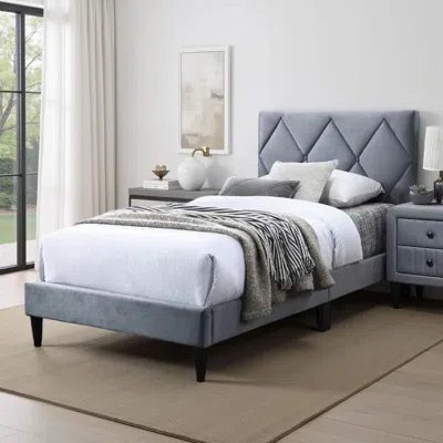Hivvago Lilian Full Size Bed, Tufted Gray Velvet Upholstery, Diamond Stitch In Gray