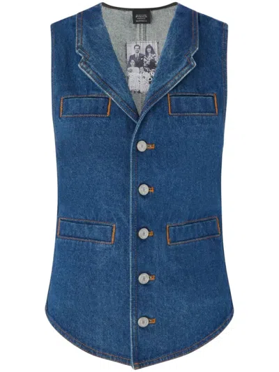 Pinko Tailored Blue Denim Gilet With Notched Lapel In Multi