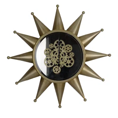 Hivvago 28 Inch Round Wall Clock, Sun Shaped Frame, Rich Brown, Bold Jet Black In Gold
